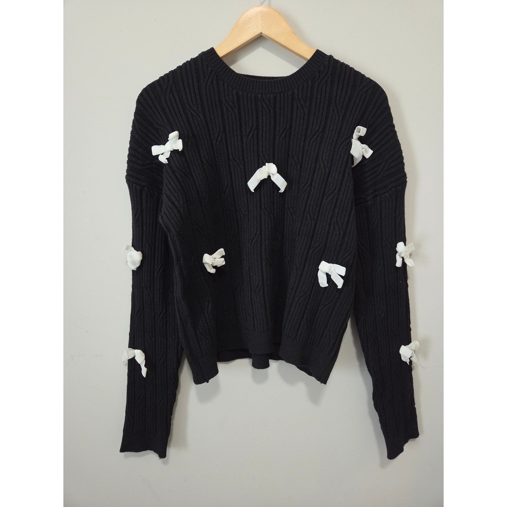 Double Take Black Cable Knit Sweater with White Bows Coquette Crewneck NWT S/M